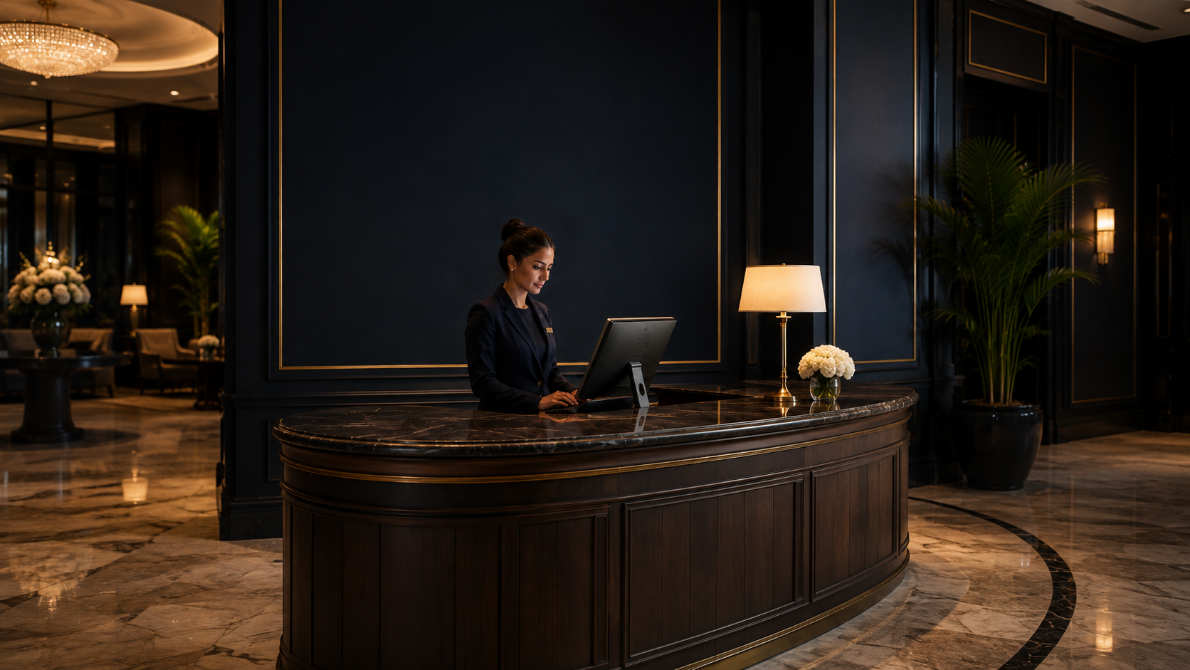 Recepcionista de hotel trabajando en el sistema detrás del mostrador
