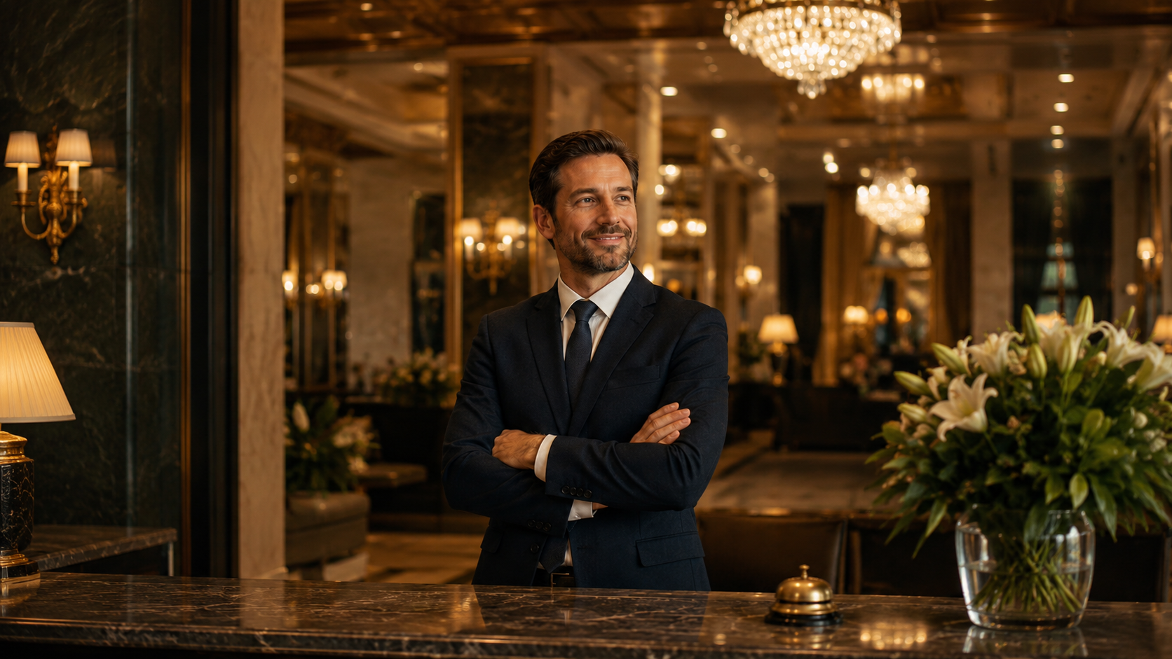 Gerente de hotel en la recepción de un alojamiento premium